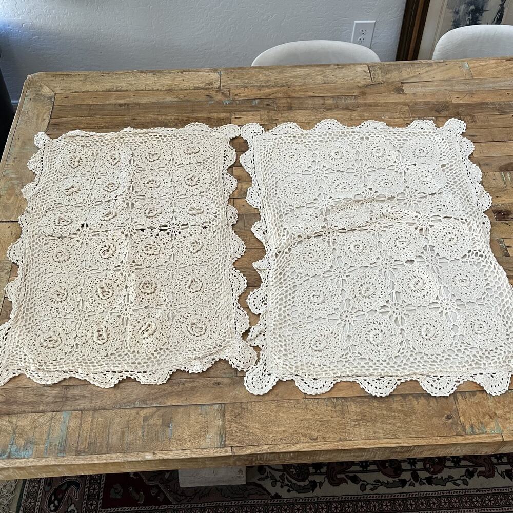 Vintage Hand Crochet Cotton 2 Standard Pillow Shams 25" x 19" Floral Lace